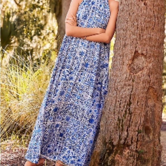 Stunning Ann Taylor Tile Tie Mock Neck Maxi Dress With pockets! 🔵⚪️ Large - Picture 4 of 9